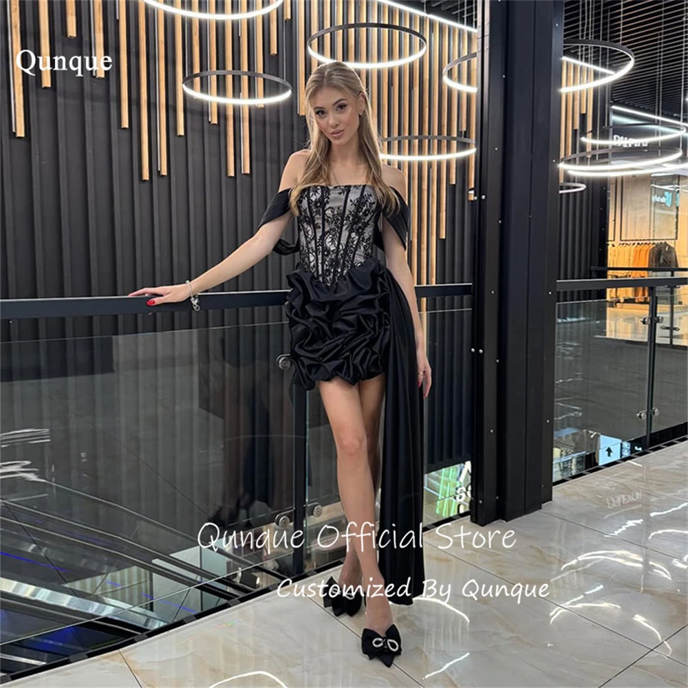 

Dianruo Pleated Black Trailing Side Panel Prom Dresses Off The Shoulder Robes Habillées Lace Mini Homecoming Dress Customized