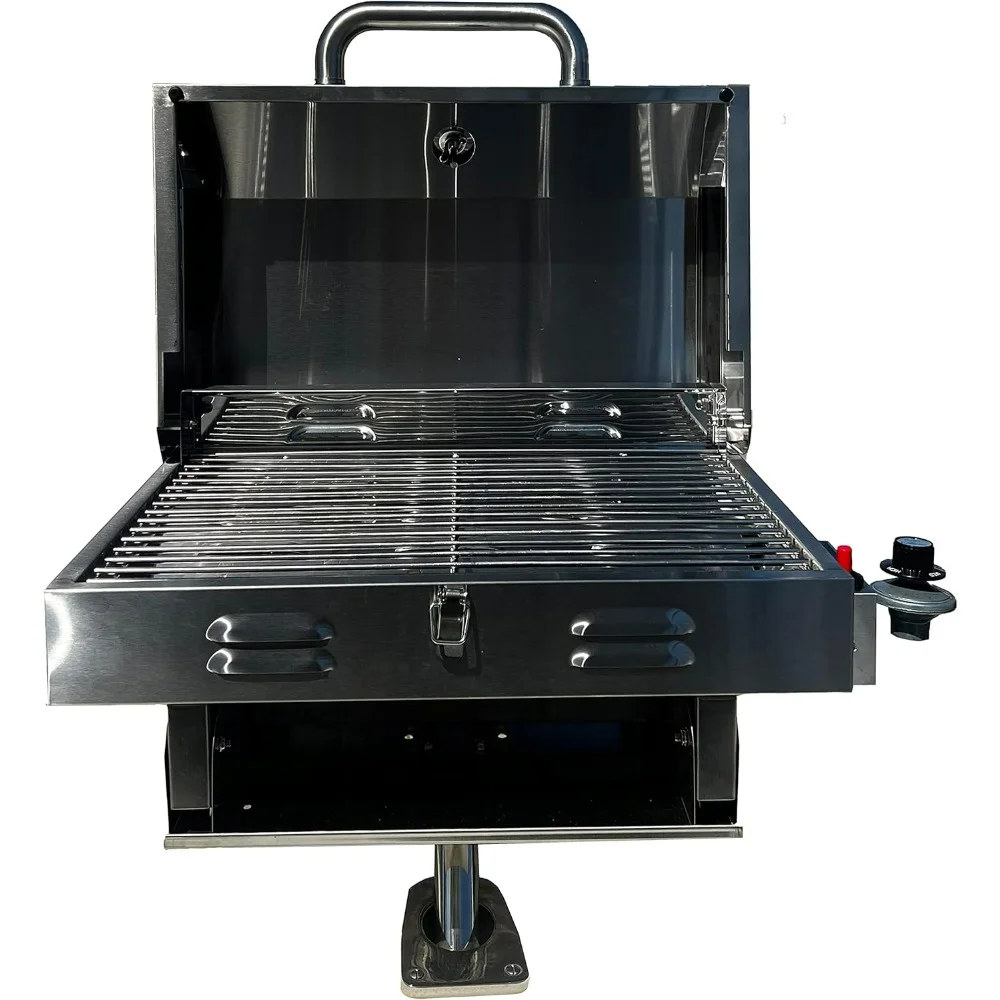 

Stainless Steel Boat Grill with Rod Holder Mount, Portable BBQ Grill, 12000 BTU Burner, 246 sq.in Grilling Space