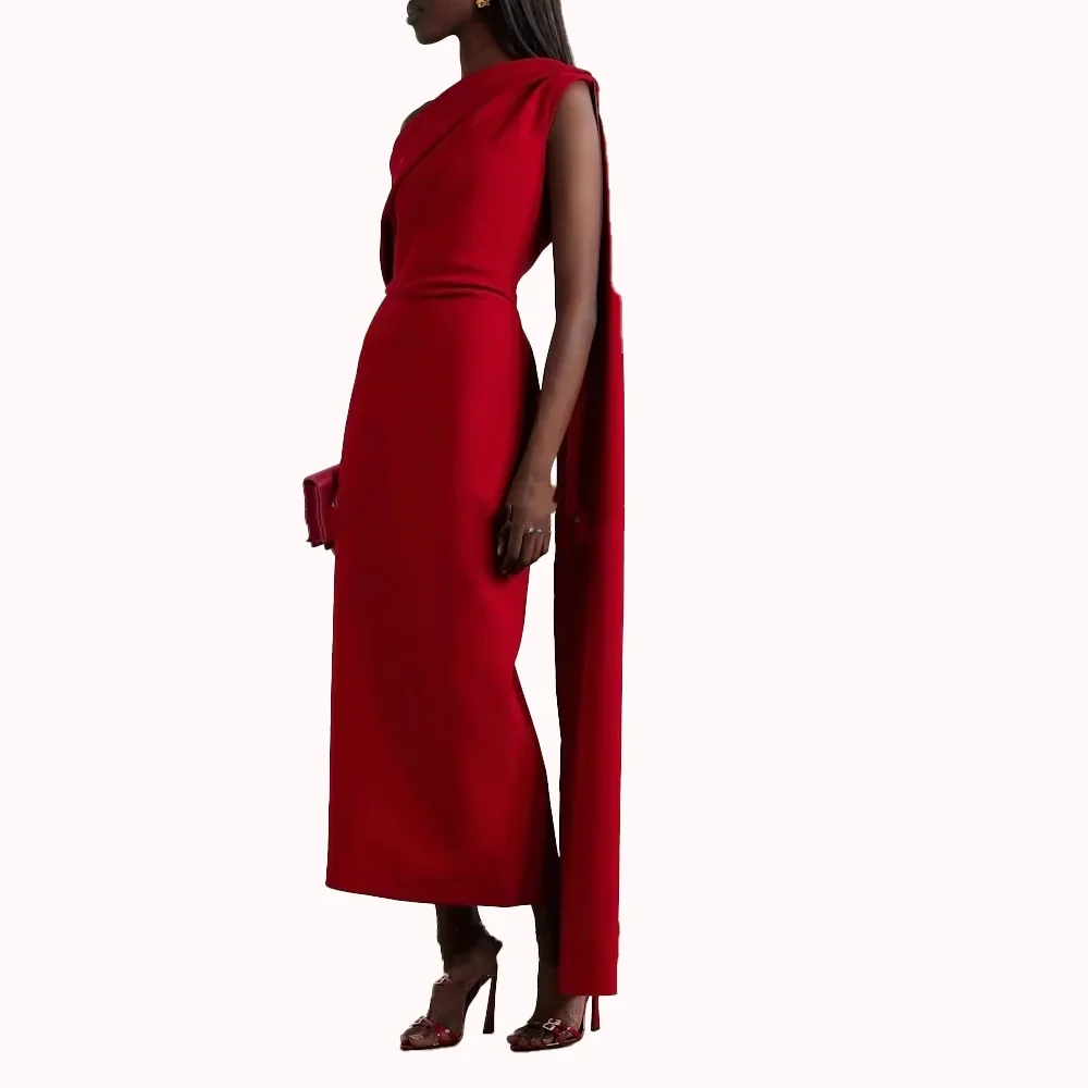 Women's Red Evening Dresses Satin One Shoulder Party Dresses 2025 Backless Mermaid Side Straps With Long Ribbons Customized image 4