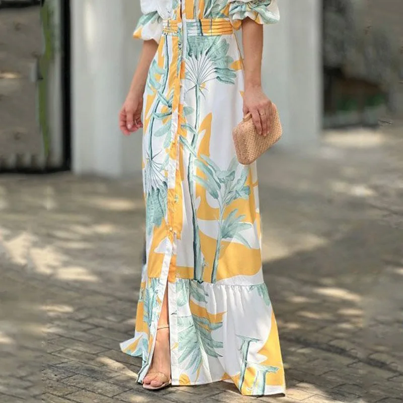 Ellafads Women Maxi Dress Summer Stylish Printed Puff Sleeve V Neck Nipped Waist Single Breasted Pleated Elegant Party Dresses