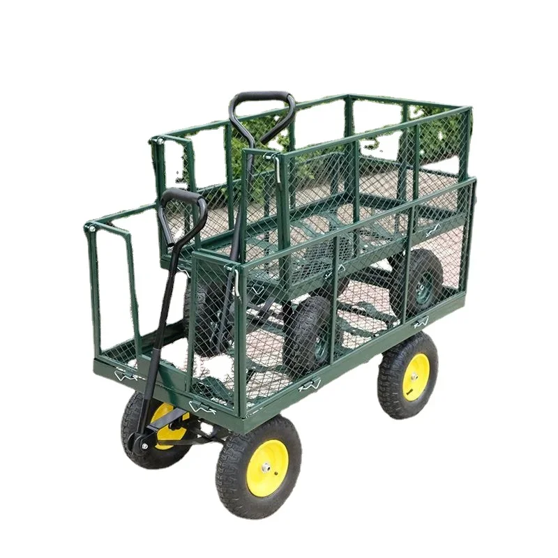 Farm Yard Heavy Duty Steel Garden Cart Removable Mesh Sides Flatbed Foldable Utility Metal Wagon 180° Rotating Handle 10\'\' Tires