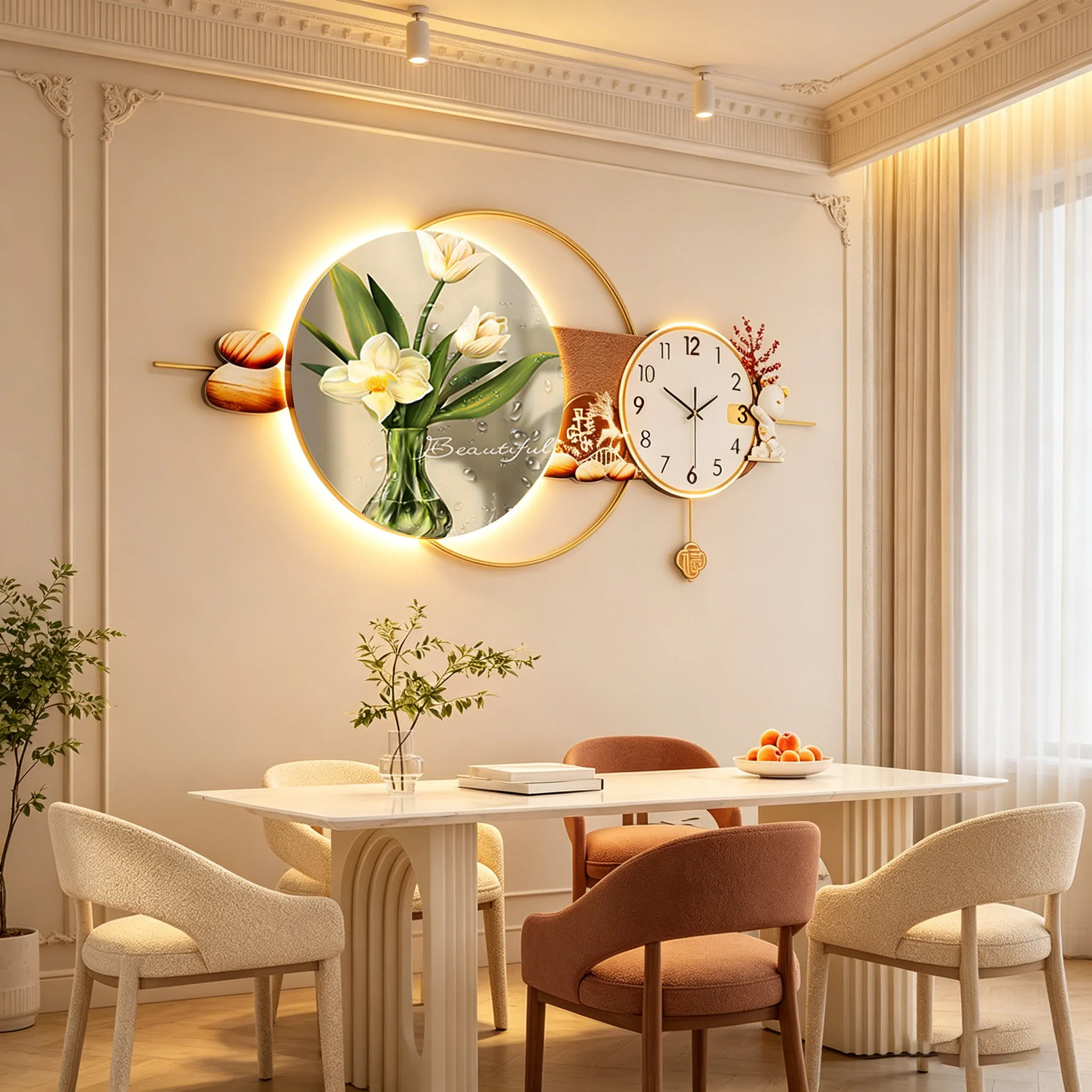 New Chinese Wall Clock Creative Quartz Landscape Pine Tree Shape Silent Pendulum Combination for Living Room Dining Decor