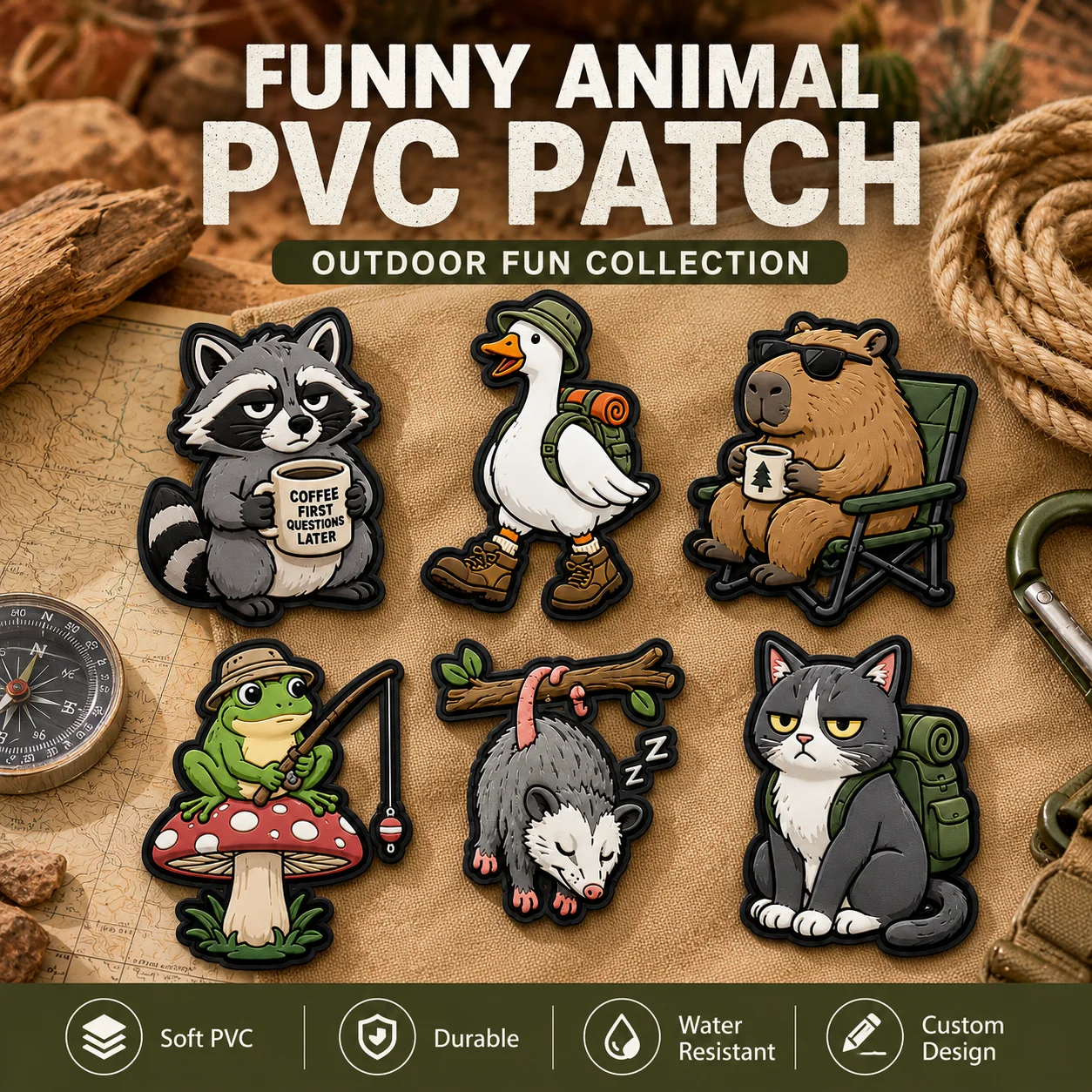 Custom Funny Animal PVC Patches Personalized 3D Soft Rubber Badge Hook and Loop for Backpacks Jackets Hats Outdoor Camping Gear