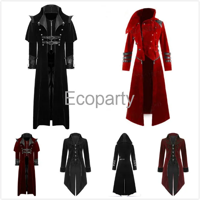 

Gothic Steampunk Vintage Medieval Vampire Devil Red Coat Trench Cosplay Costume Victorian Court Nobles Tailcoat Overcoat 30