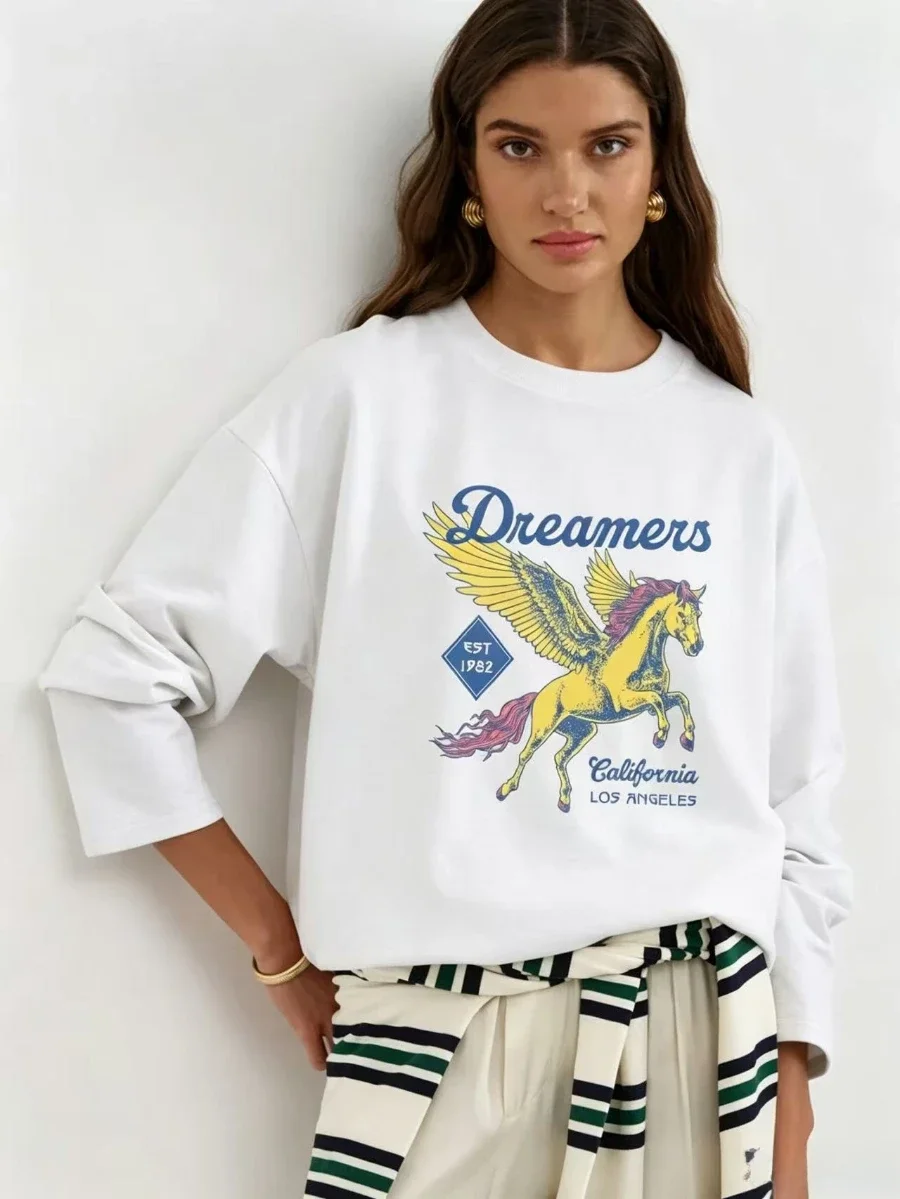 Early Autumn New Women's 100% Cotton Long Sleeve T Shirt Vintage Dreamers Pegasus Print Loose Fit Casual Chic Daily Basic Top