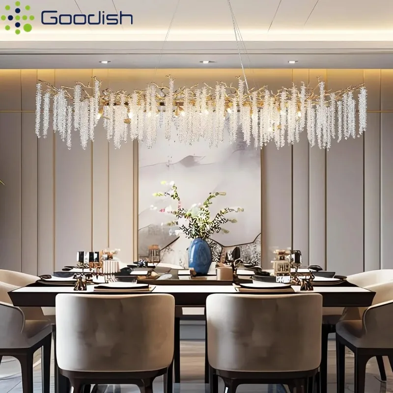 

Modern Luxury Stylish Long Gold Crystal Glacier LED Pendant Light Luxury Indoor Lamp for Living Room Home Decoration Chandeliers