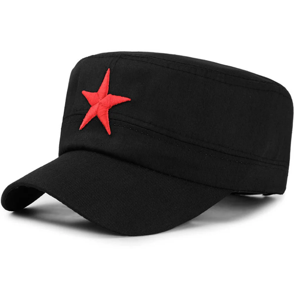 Red Five-Pointed Star Flat Top Hat For Man Military Training Outdoor Team Travel Sun-Proof Adjustable Canvas Cap