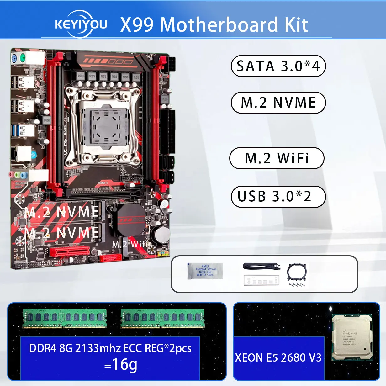 

X99 H629 LGA 2011-3 XEON X99 Motherboard With Intel XEON E5 2680 V3 With 2*8G DDR4 ECC Memory Combo Kit Set NVME M.2 WIFI