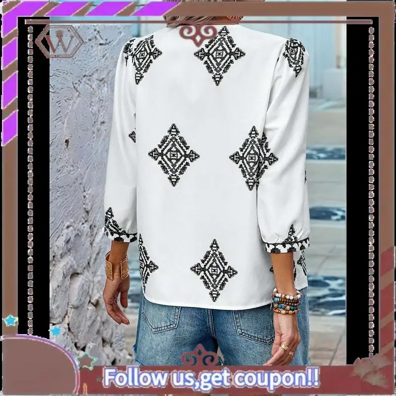 A95D-Mulheres casuais com decote em V estampa floral chiffon blusas manga 3/4 boho verão tops camisas