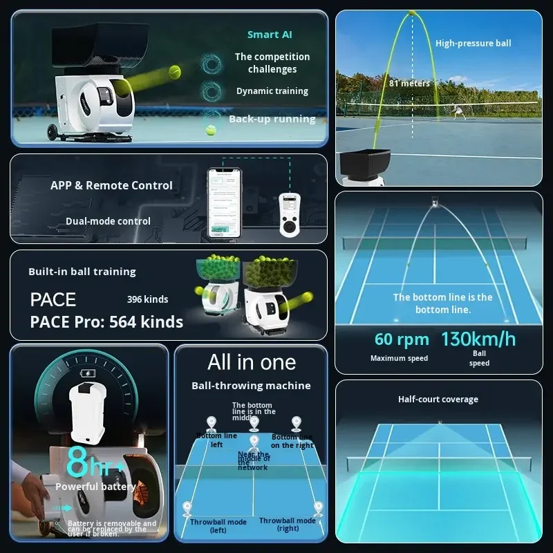 Portable Tennis Ball Machine 150balls Capacity Padel Training Practice Shooting