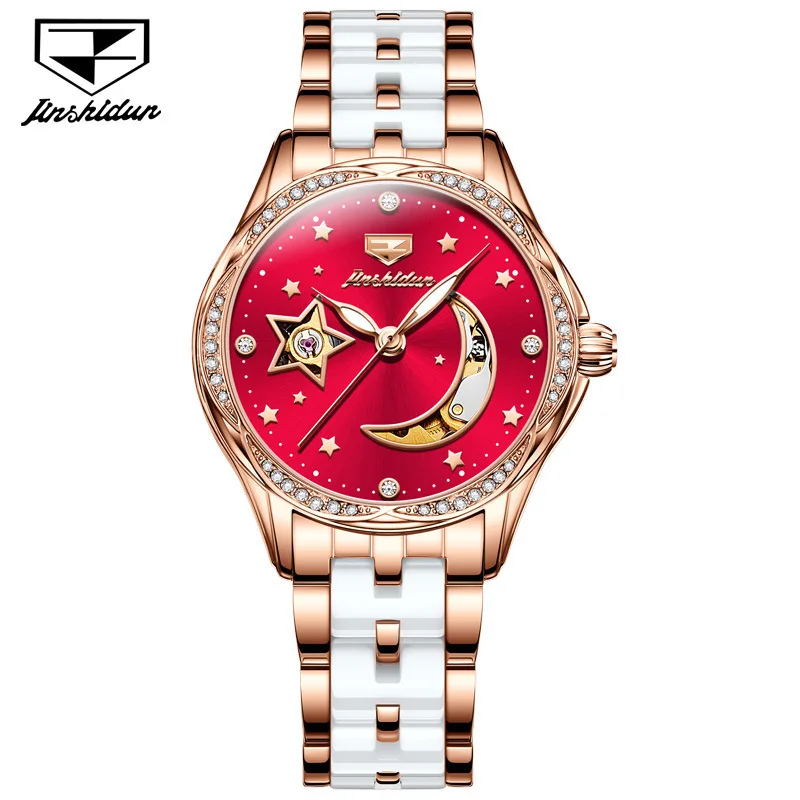 JSDUN 8962 Women's Automatic Mechanical Watch Open Heart Star Moon Dial Ceramic Steel Bracelet 30m Water Resistant Dress Watch