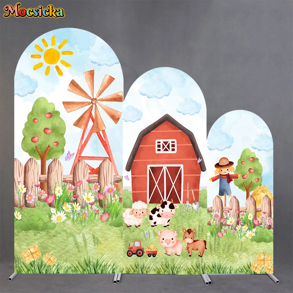 

Mocsicka Farm Arch Cover Backdrop Elastic Double-Faced Baby Birthday Arched Background Scarecrow House Pig Cow Sheep Party Decor