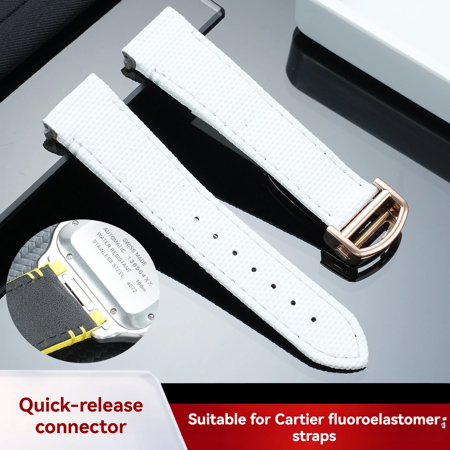 

For Cartier Santos Collection WSSA0009: Fluorocarbon Quick-Release Strap Replacement Buckles (15/19/21/23 mm) – Multiple Sizes