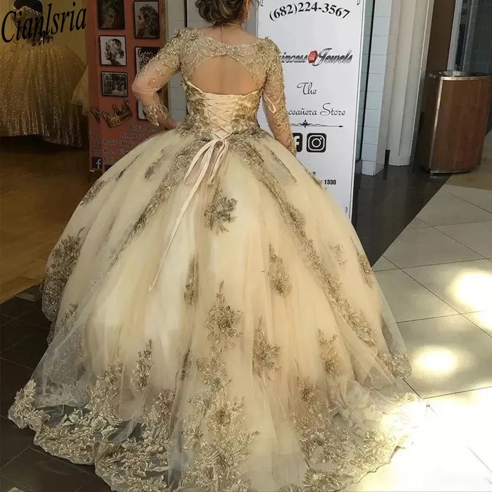 Luxo ouro renda quinceanera vestidos 2022 manga longa apliques lantejoulas com decote em v doce 15 vestido de baile sem costas festa princesa