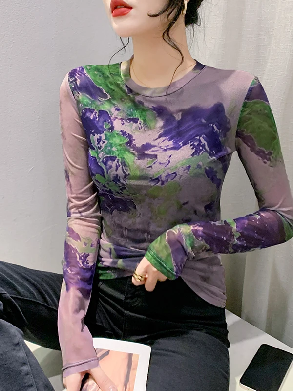 Faionable imprimé Me Base irt rond Ne Long Sve T-irt femme coupe ajustée vêtements intérieurs décontracté Sle sec rapide