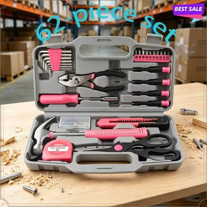 62PCS Hardware Tool Kit Multifunctional Household Hand Repair Set With Hammer Tape Measure For Daily Home Maintenance Work