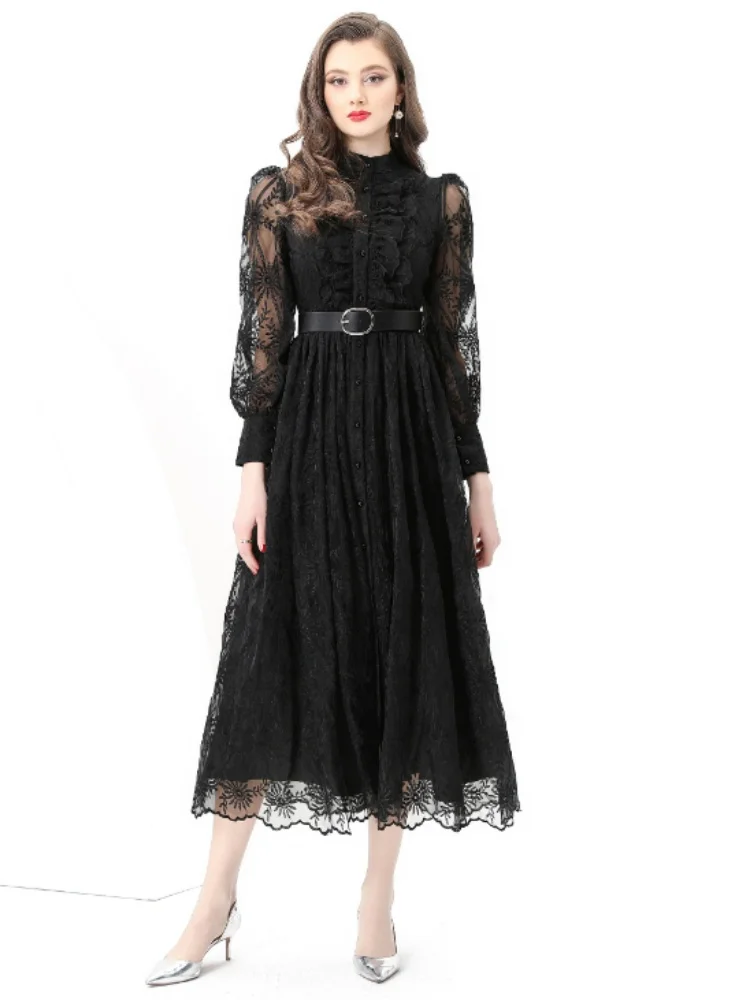 

New Spring Fashionable Mesh Embroidered Lace Dress Women's Stand Collar Full Sleeve Ruffle Runway Long Dresses With Belt