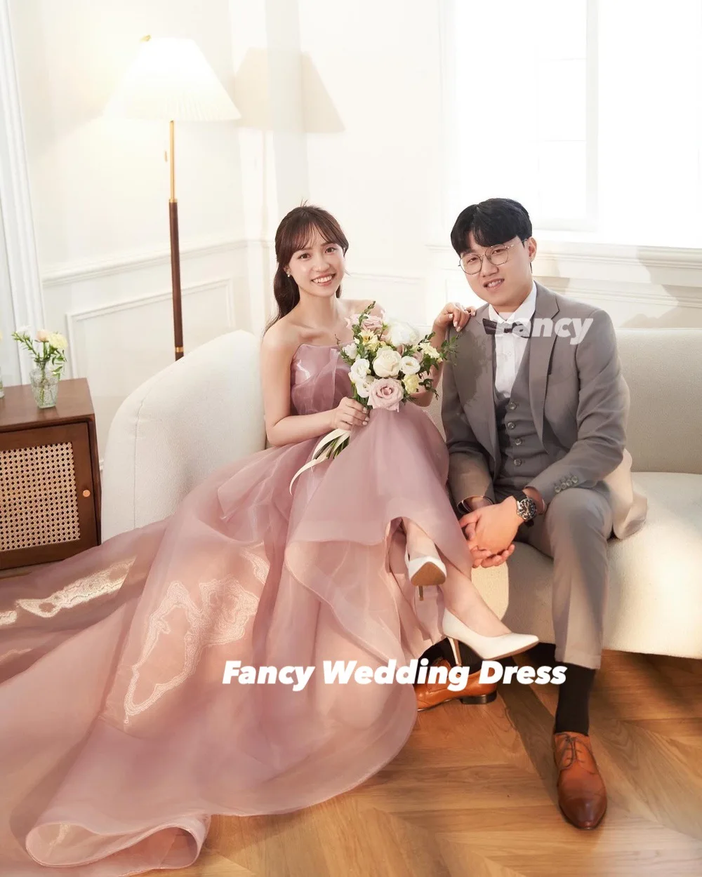 Fancy Princess Korea Pink Organza Wedding Dress Photography A Line Sleeveless Pleats Bridal Gown Back Corset Customized