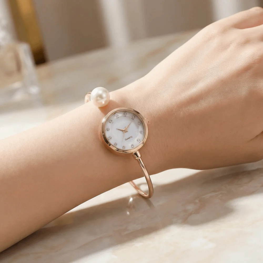 Elegant Pearl Bracelet Watch Fashion All-match Quartz Wristwatch Korean Style Gemstone Quartz Rhinestone Dial Watch Daily