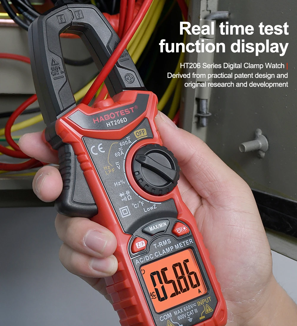 HT206 Digital Clamp Meter AC DC Current NCV Multimeter Pinza Amperimetrica True RMS Capacitance Ohm Hz Temperature Voltage Test