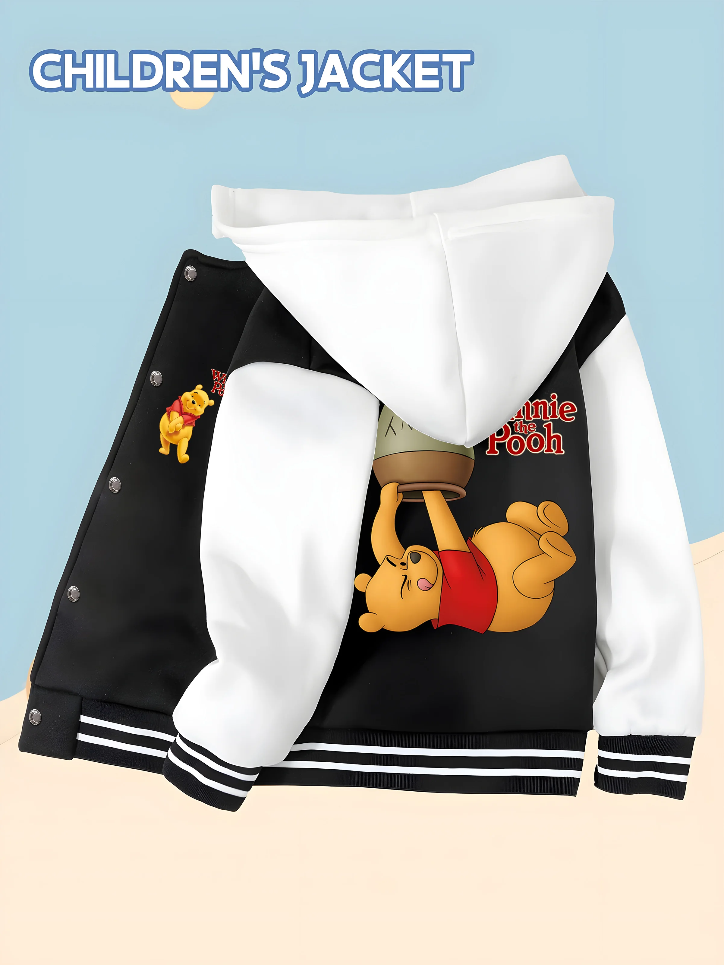 

MINISO Disney Boys' Baseball Jacket - Winnie the Pooh Honey Pot Double-Sided Graphic, Comfortable Campus Fabric
