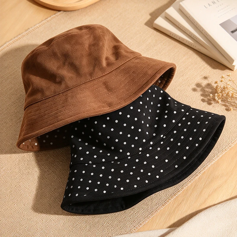 Women Suede Bucket Hat Reversible Polka Dot Lining Fisherman Cap Fall Winter Casual Fashion Outdoor Warm Hat for Daily Wear