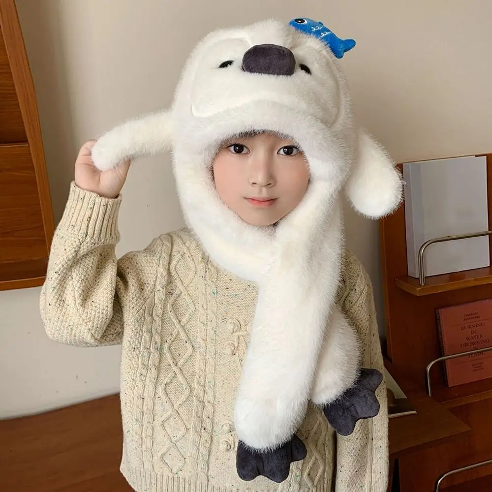 

Fluffy Ear Protection Cap Solid Color Fleece Lined Penguin Ear Moving Hat Thickened Thermal Children Pullover Cap