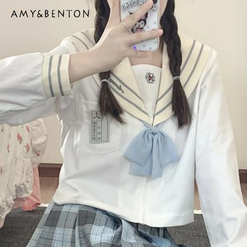 Japanese Jk Uniform Casual Style Summer Beige Sailor Collar Long Sleeves Slim Fit Fashion Versatile Comfortable Shirt Top Girl