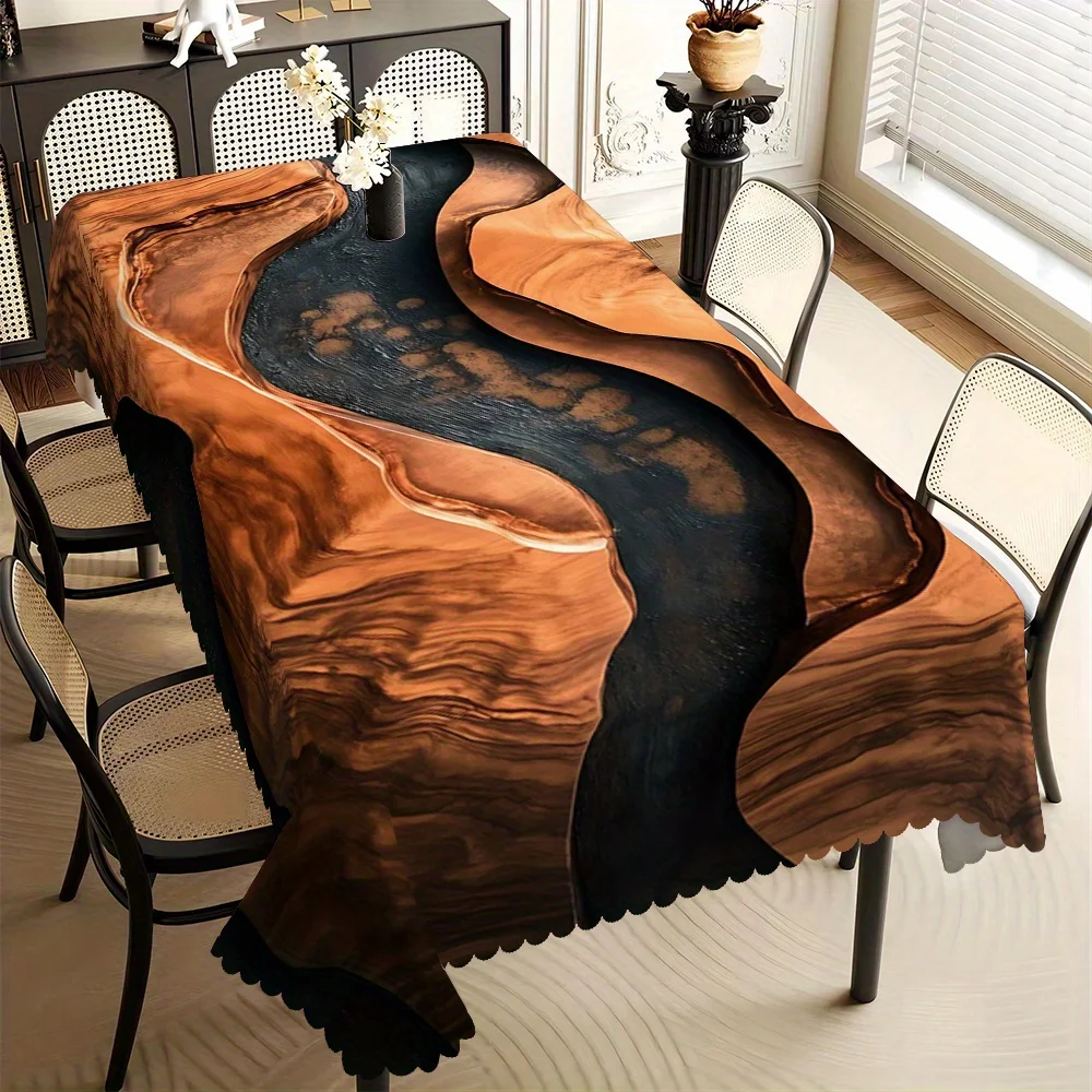 Luxury Wood & Black Resin River Print Tablecloth, Modern Live Edge Design with Scalloped Edge, Stain Resistant for Dining Room