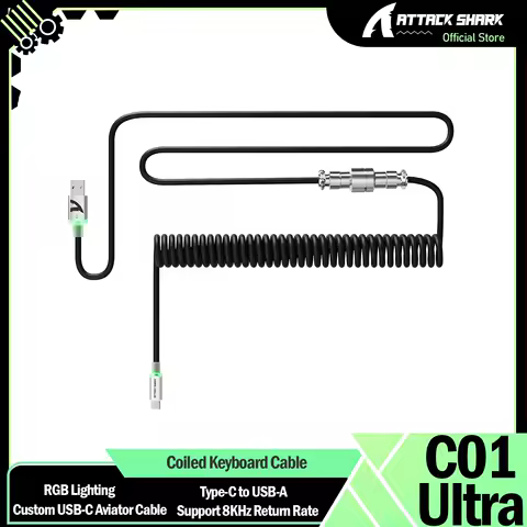 ATTACK SHARK C01Ultra Coiled Keyboard Cable with RGB Lighting, Custom USB-C Aviator Cable, Type-C to USB-A, 8KHz Return Rate