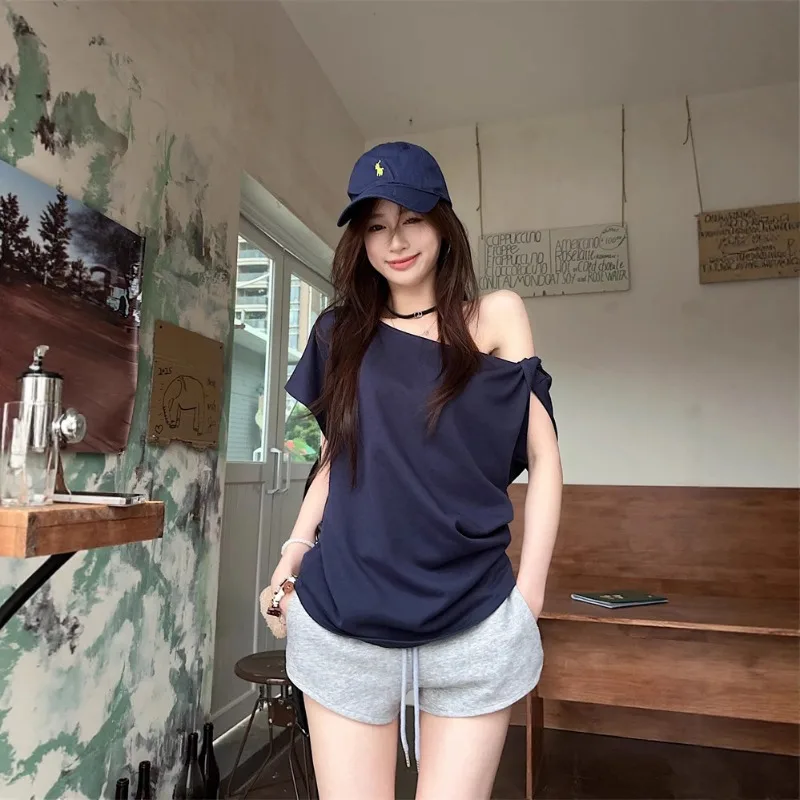 Sommerliches, lockeres, schulterfreies Kurzarm-T-Shirt für Damen und Mädchen, einfarbiges Oberteil, lässiges Damen-T-Shirt, Streetdance-Sweatshirt