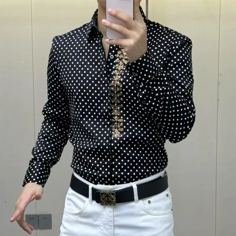 

Floral Shirt Black White Polka Dot Retro Men's Autumn Winter