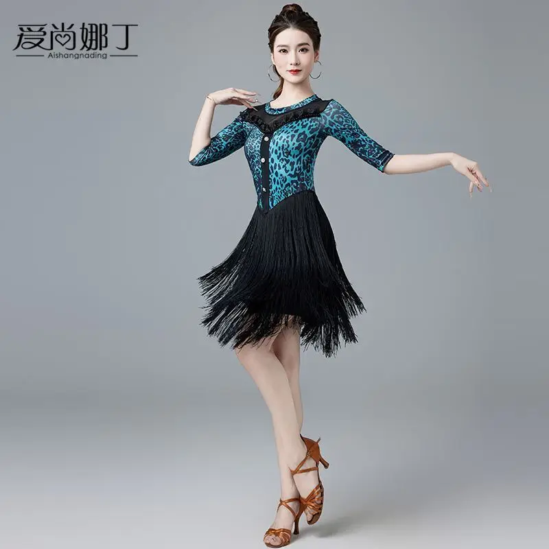 Latin Dance Skirt New Professional Practice Dress Competition Performance costume Set Leopard Pattern Mid Sleeve Tassel Dress