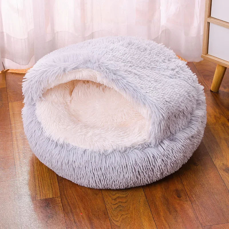 Soft Plush Round Cat Bed Pet Mattress Warm Comfortable Basket Cat Dog 2 in 1 Sleeping Bag Nest for Small Dogs