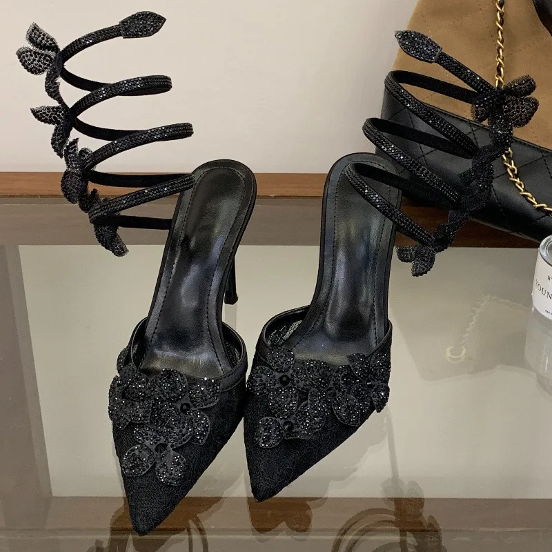 White Lace Rhinestone Butterfly Women Sandals Pointed Toe Spiral Wrap Ankle Strap Stiletto High Heels Wedding Banquet Dress Shoe