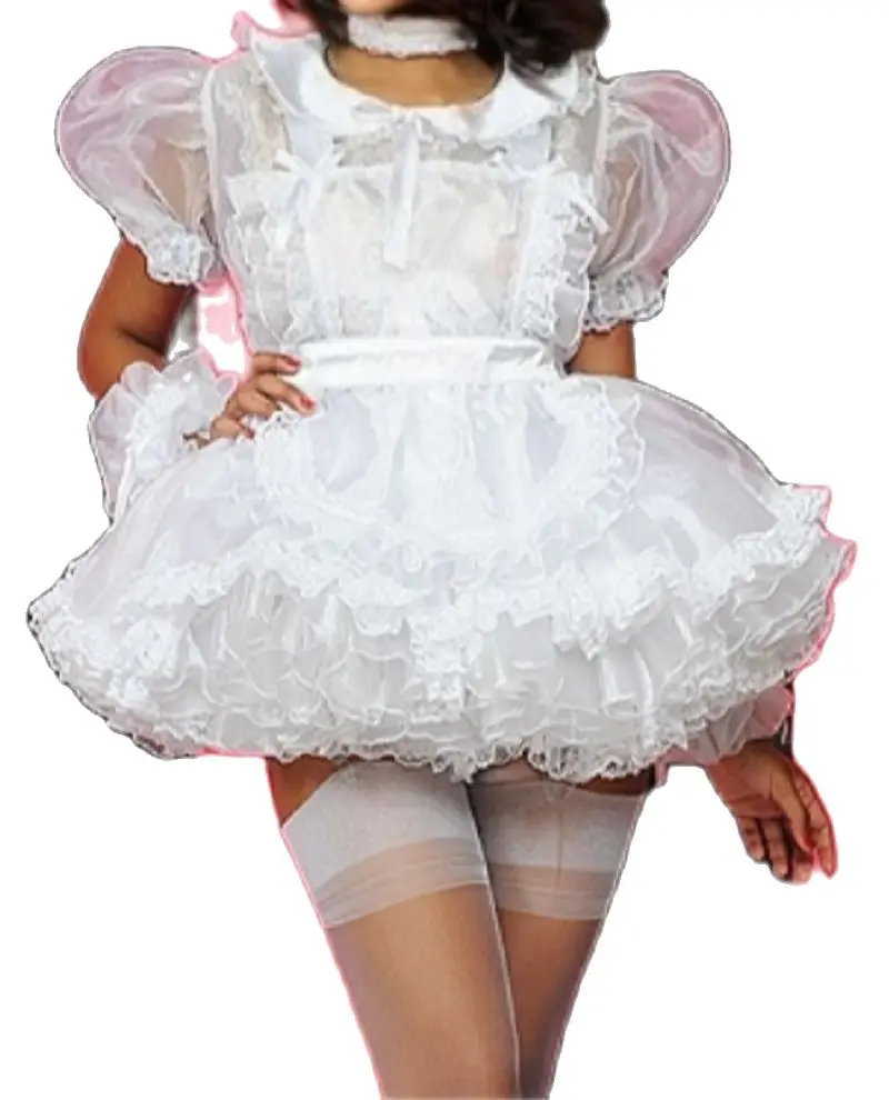 

French Hot Selling Sexy Sissy Pink White Satin Shoulder Sheer Suspender Fluffy Lace Gothic Maid Costume Customization