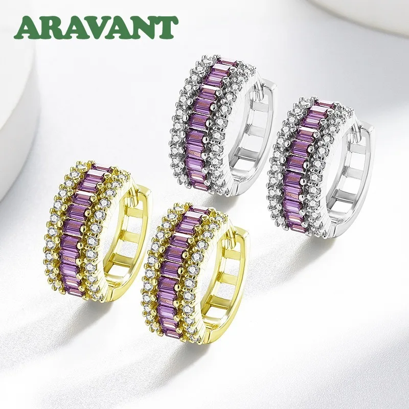 ARAVANT 925 Sterling Silver 16MM Amethyst Hoop Earrings For Women Fashion Jewelry view 3