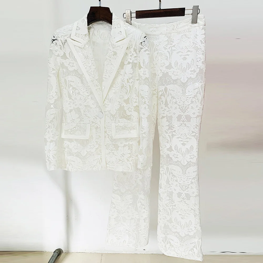 

Fine Workmanship Embroidery Lady White See-through Office Suit Sequins Single Button Blazer Flared Pants Women Solid 2pcs