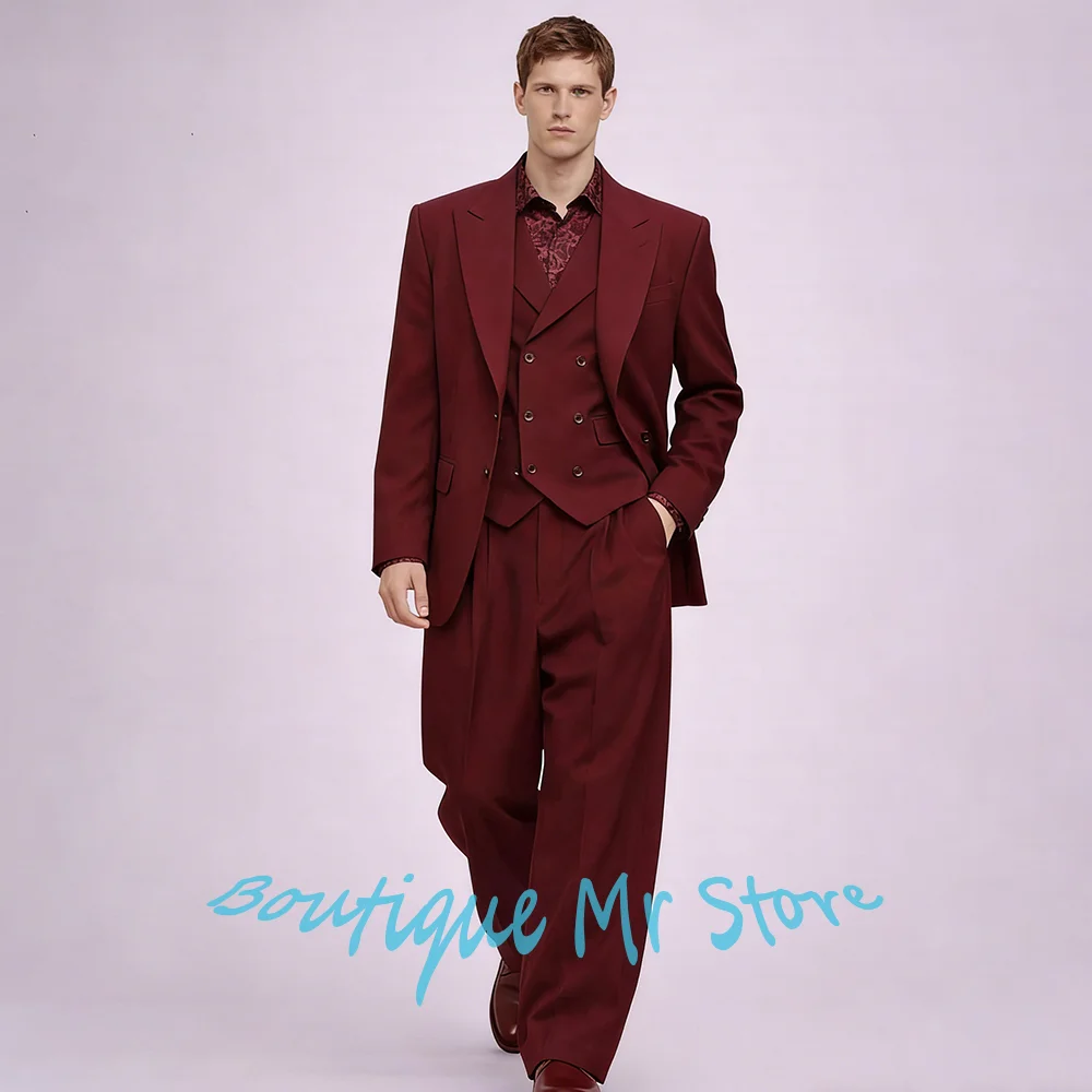 

Burgundy Wide Leg 3-Piece Pants Set Formal Men’s Suits and Separates Vintage Jacket+Vest+Trousers for Prom & Wedding Party