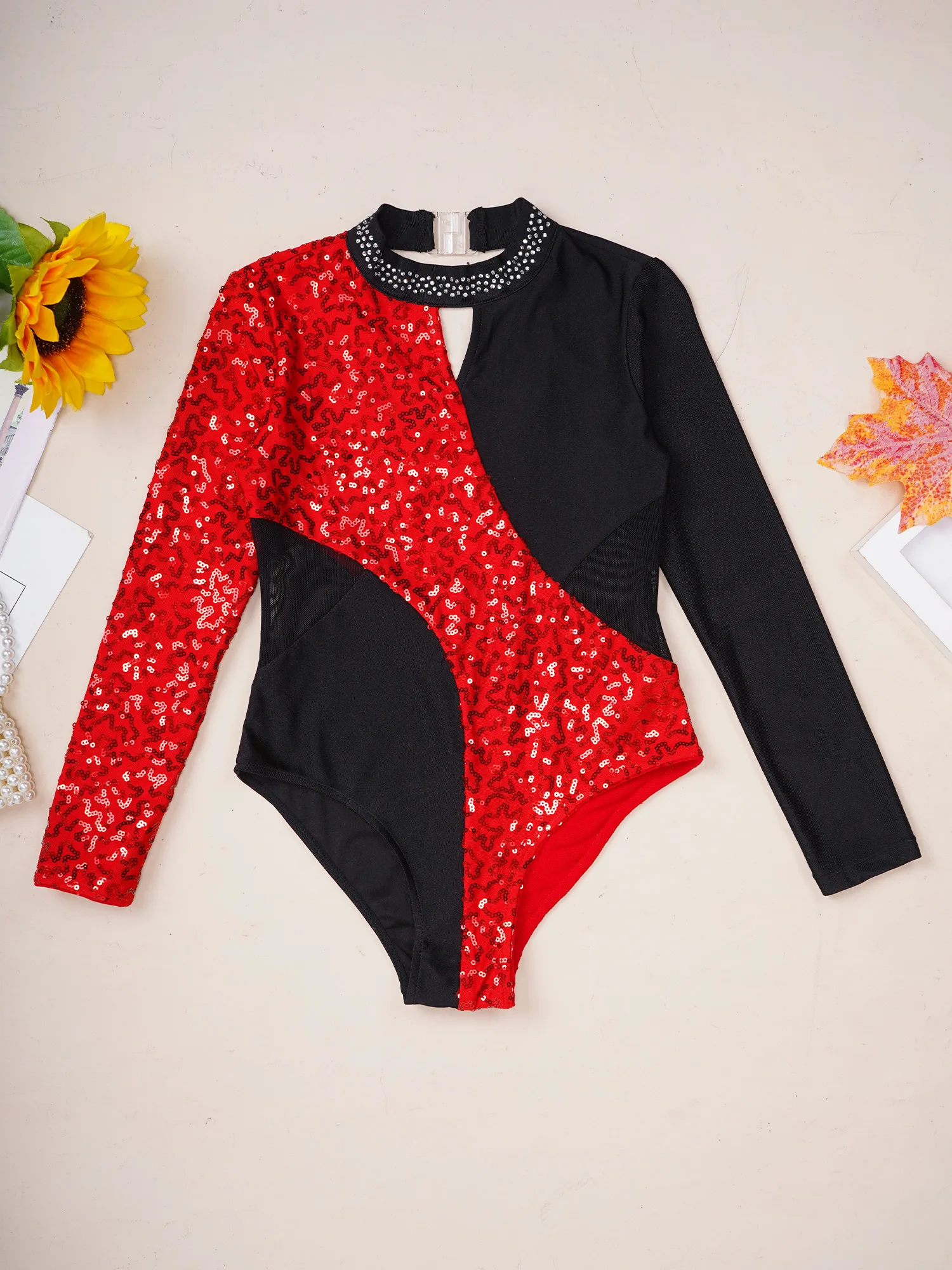 Body per balletto con paillettes scintillanti a maniche lunghe per bambina scava fuori i body per ginnastica pratica body per pattinaggio su ghiaccio Dancewear