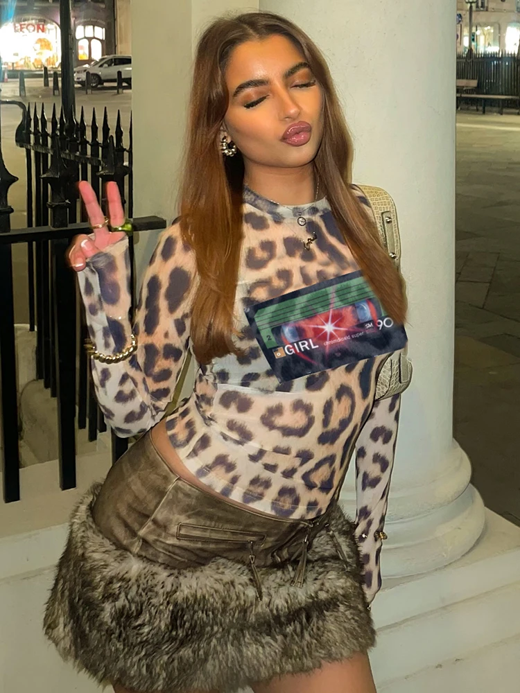 Whatiwear Mode Imprimer T-Shirts Femmes Sexy Léopard o-cou À Manches Complètes Skinny Stretch Hottie Sauvage Rue Tendance Classique Tenues