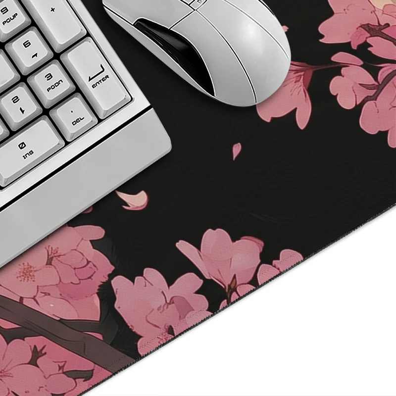 Black Cat under Cherry Blossoms Mouse Pad Gaming XL HD Mousepad XXL Mouse Mat Natural Rubber Soft Carpet Laptop Mice Pad