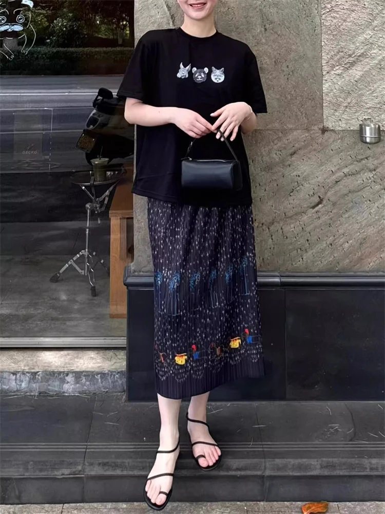 Creative Print Pleated A-Line  Skirt Women's High Waist Midi Skirt Summer New Arrival Three Houses Starry  Series