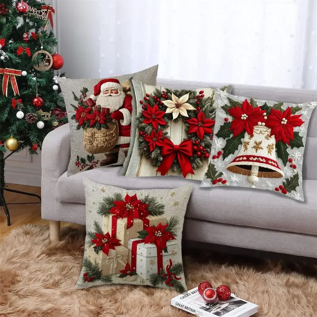 Classic Christmas Santa Claus Bell Wreath Pillow Cover Imitation 3D Print Sofa Cushion Cover Holiday Decorative Throw Pillowcase