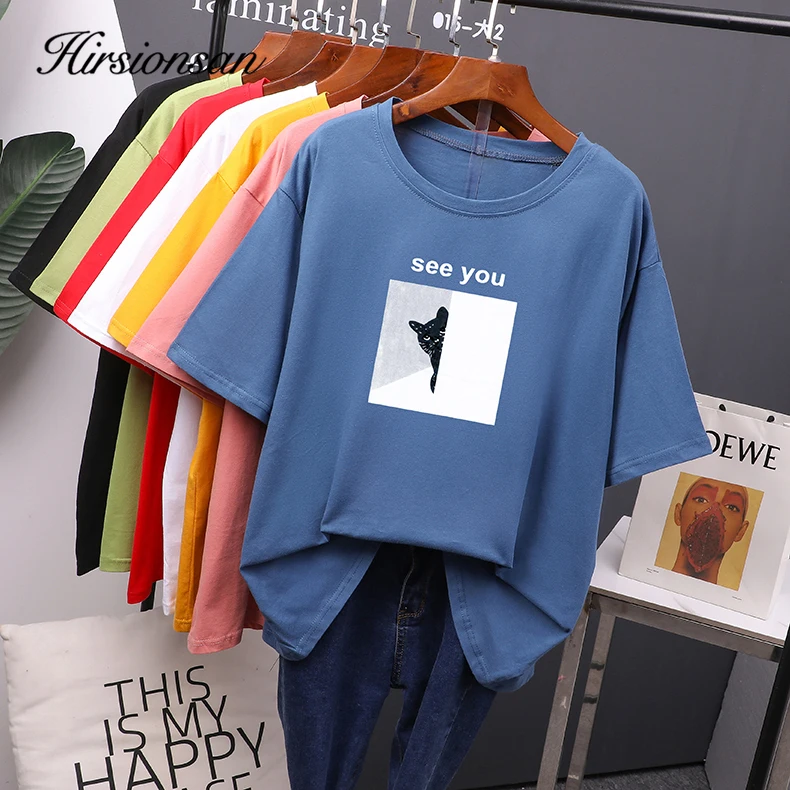 Hirsionsan Cartoon Printed Cotton Summer T Shirts Women Soft Kawaii Loose Tees Female Plus Size  Short Sleeve Tops for Lady 2023