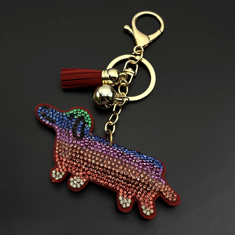 LLavero de perro salchicha Kawaii para hombre y mujer, llavero con borla de cristal de Color rojo, bonito llavero para cachorro, joyería encantadora para bolso, llaveros mayoreo