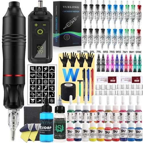 Kit de tatuaje inalámbrico, máquina de tatuaje rotativa, Mini cartucho de batería de 1200mAh, agujas, juego de tinta, Kits de tatuaje de maquillaje permanente