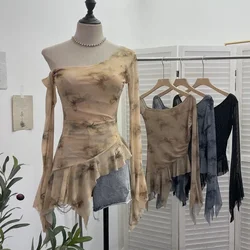 Women's Sexy Mesh Off-Shoulder Long Sleeve Shirt Chic tie-dye Printed Irregular Ruffle Bll Sleeve Top Essential Streetwear 9955