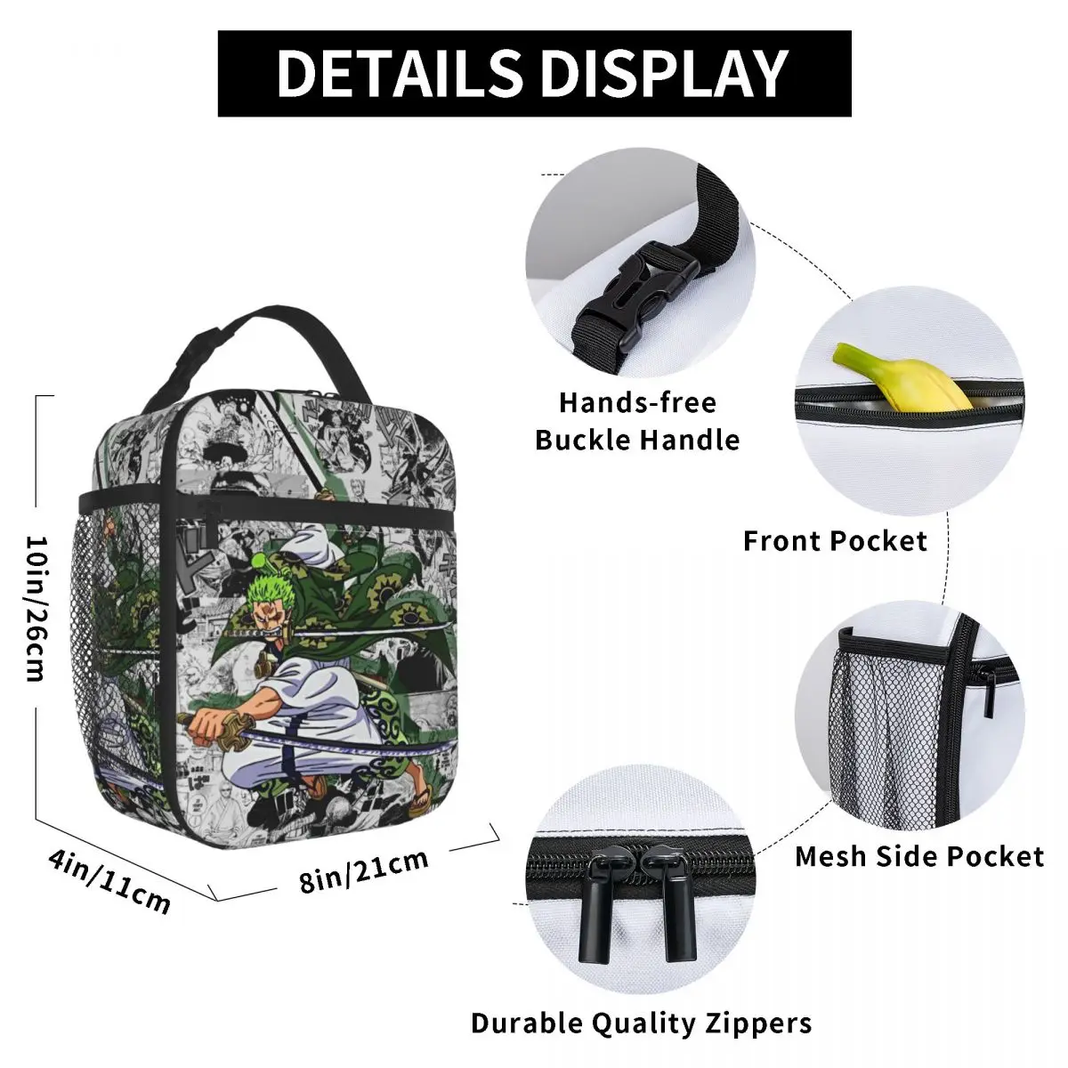 Custom Zoro O-One P-Piece Anime Portable Lunch Boxes for Women Multifunction Thermal Cooler Food Insulated Lunch Bag Office Work view 5