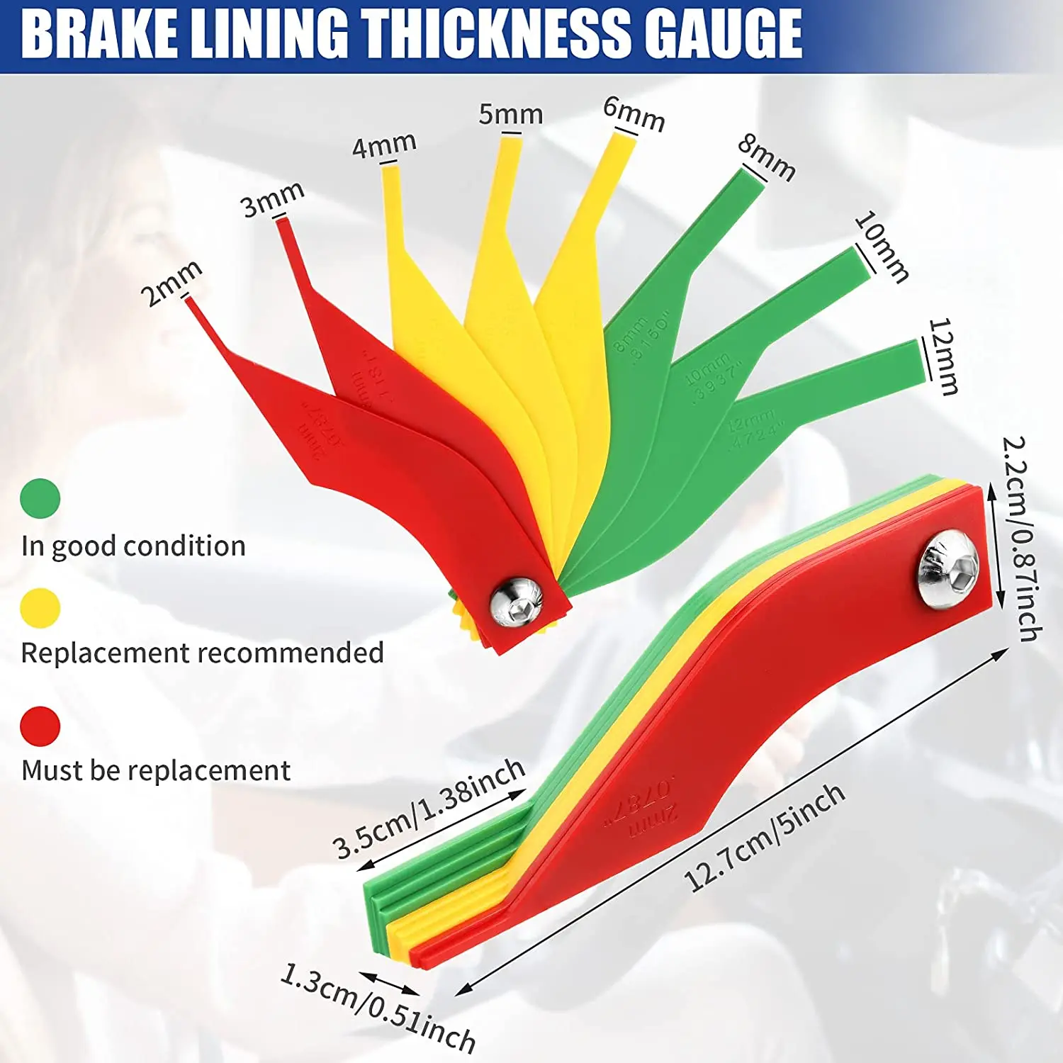 8 in1 Brake Pad Measure Ruler Plastic 2/3/4/5/6/8/10/12mm Brake Lining Thickness Gauge Set for Disc and Drum Brake Pads Check